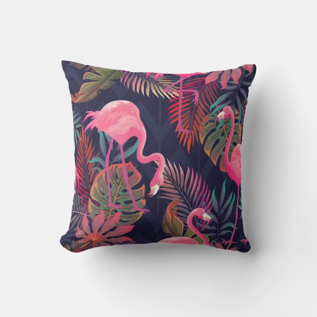Almofada Flamingo tropical: padrão de palma de vintage. (Frente)