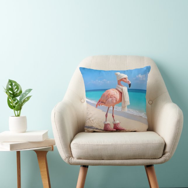 Almofada Flamingo Usando Cachecol e Chapéu de Inverno (Cadeira)