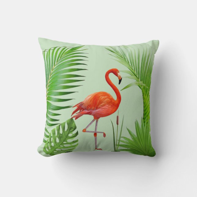 Almofada Flamingo Vermelho & Folhas de Palmeira Tropical em (Frente)