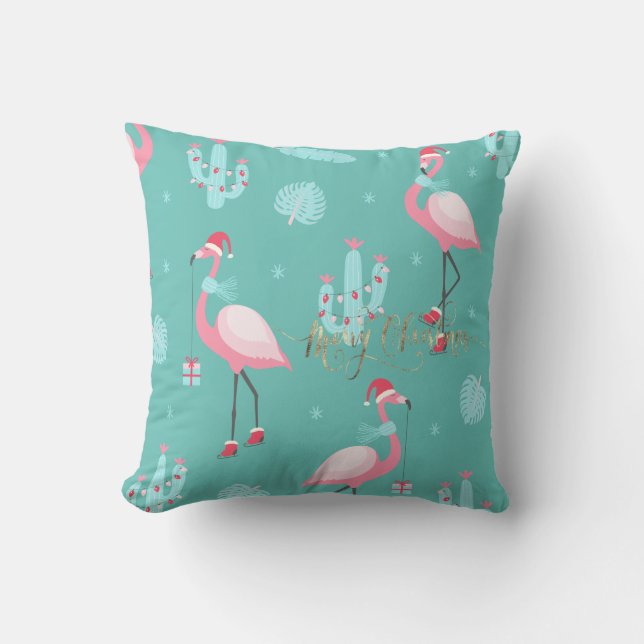 Almofada Flamingos Chapéu de Papai Noel Presentes Flocos de (Frente)