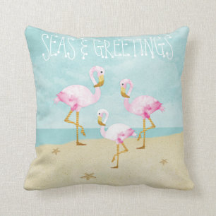 Almofada Flamingos cor-de-rosa da aguarela na praia