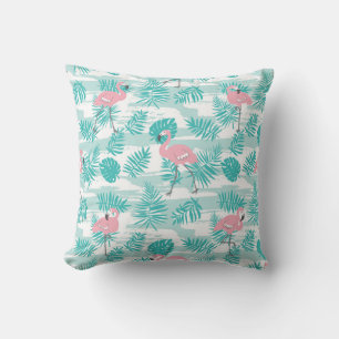 Almofada flamingos cor-de-rosa, palmeiras verdes, tropicais