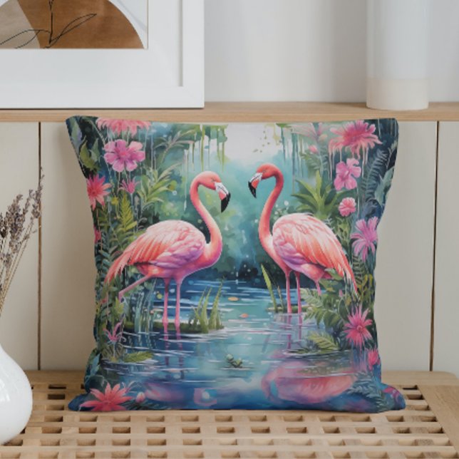 Almofada Flamingos de Verão em Aquarela (Criador carregado)