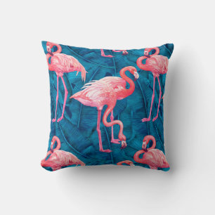Almofada Flamingos em folhas de bananas azuis