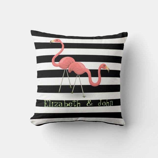 Almofada Flamingos Fofos Personalizados, Listras Pretas e B (Frente)