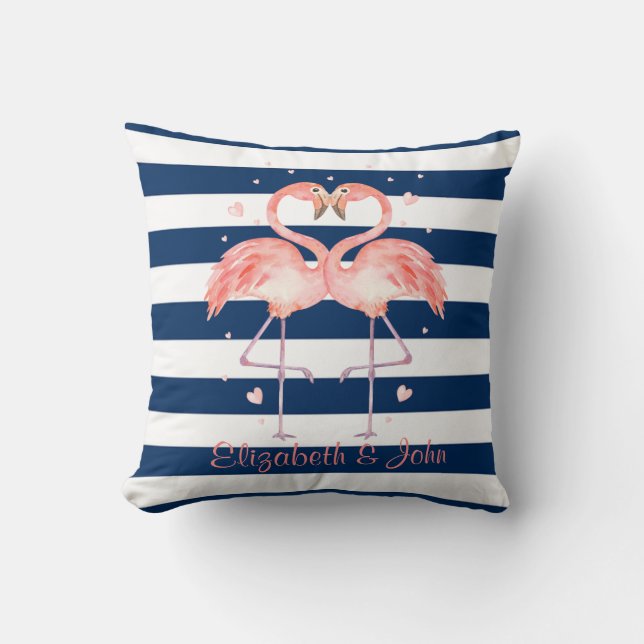 Almofada Flamingos Rosa Apaixonados,Listrado Azul Marinho (Frente)