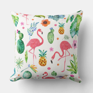 Almofada Flamingos Rosa e Padrão Tropical do Cactus