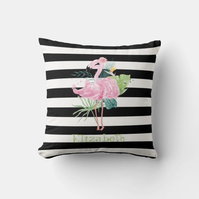 Almofada Flamingos Rosa, Folhas Tropicais Listras Pretas (Frente)