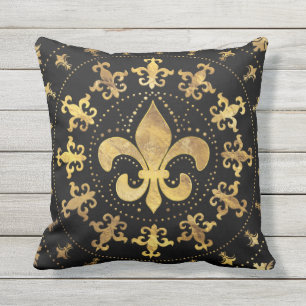 Almofada Fleur-de-lis - ornamento circular - Dourado e pret