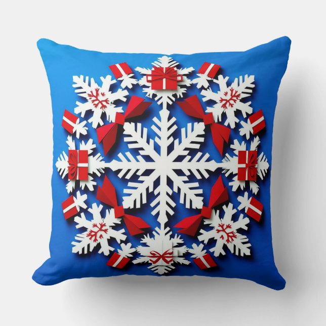 Almofada Floco de Neve Branco Festivo Com Presente Vermelho (Frente)