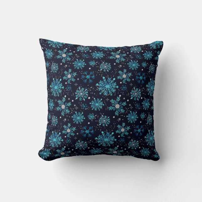 Almofada Flocos de Neve Azul e Prata de Inverno (Frente)