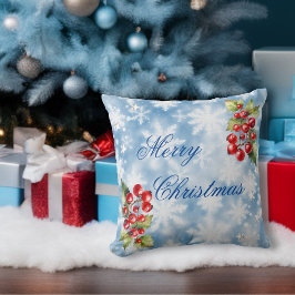 Almofada Flocos de Neve Azul Gélido e Azevinho Feliz Natal