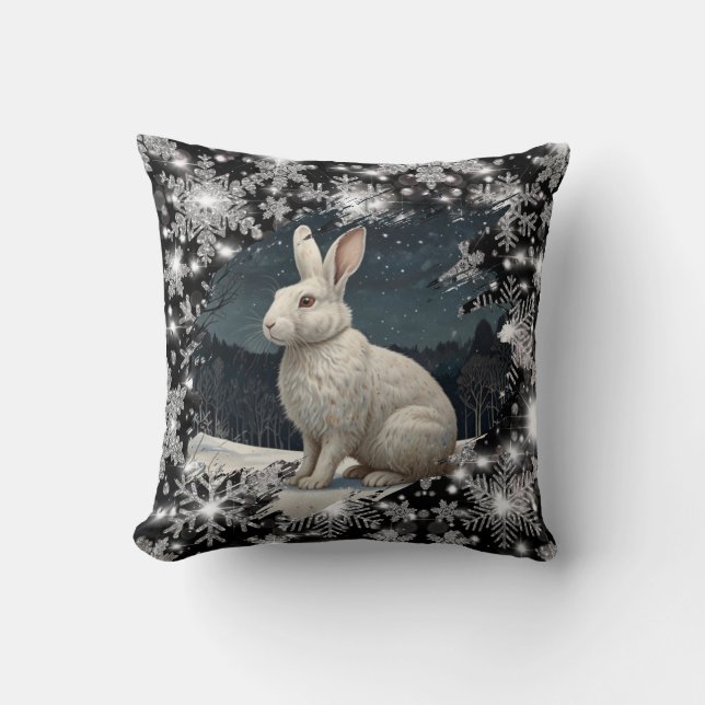 Almofada Flocos de neve de Natal de coelho branco elegante (Frente)