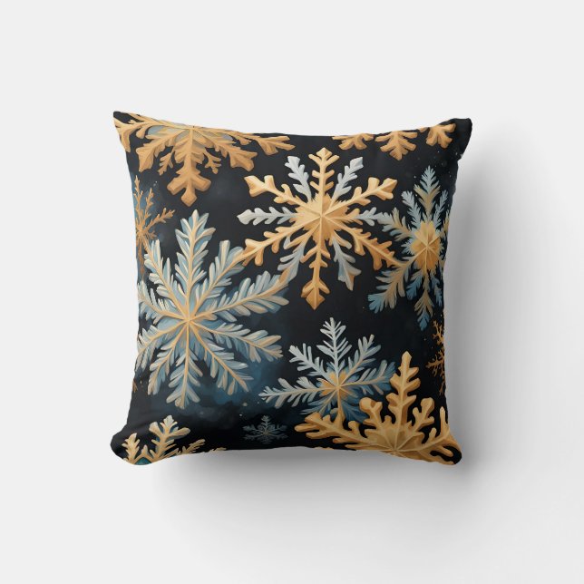 Almofada Flocos de neve Magnética Natal Dourado Azul Preto (Frente)