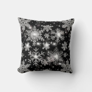 Almofada Flocos de neve prateados pretos de Natal elegantes