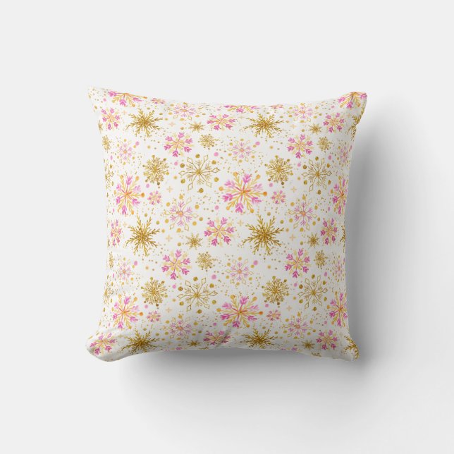 Almofada Flocos de Neve Rosa e Dourado de Inverno (Frente)