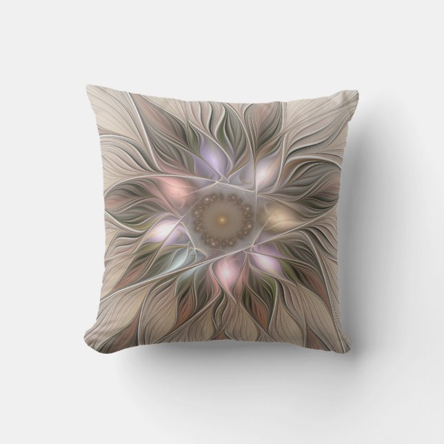 Almofada Flor Abstrata Alegre Bege Marrom Fractal Floral (Frente)