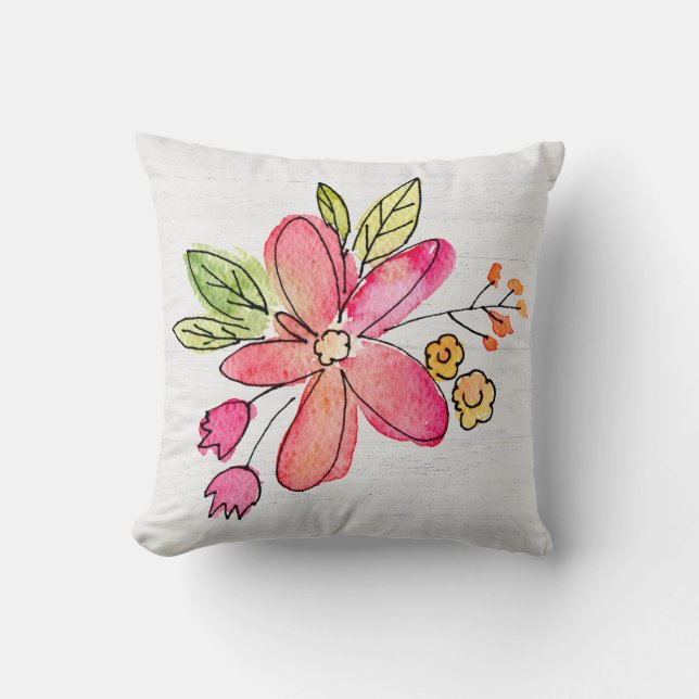 Almofada Flor Cor De Água Rosa Na Madeira Branqueada (Frente)