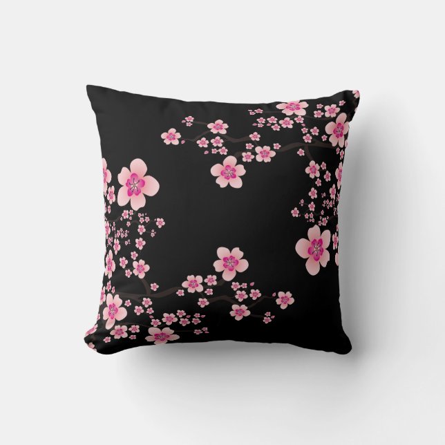 Almofada Flor de Cereja Japonês Preto e Rosa (Frente)