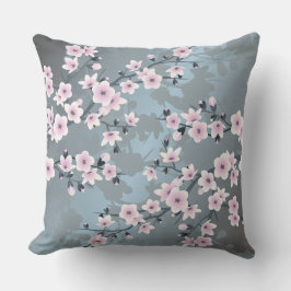 Almofada Flor de Cerejeira Rosa Escuro Azul Cinzento Floral