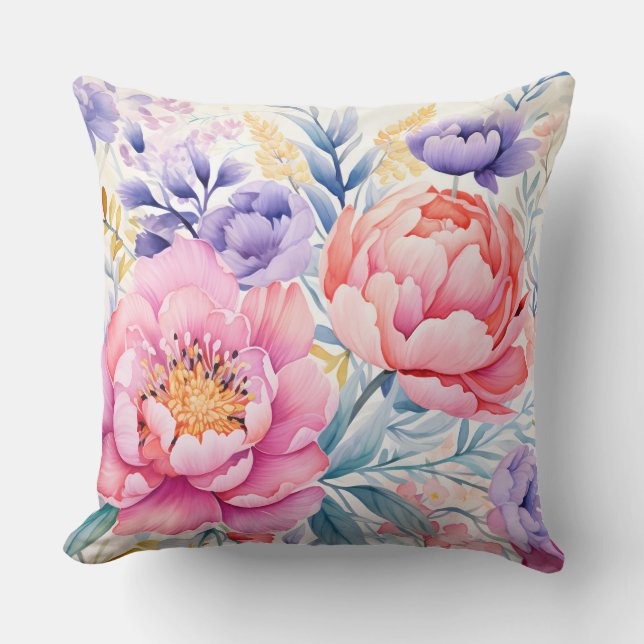 Almofada Flor de cor de água rosa e roxa (Frente)