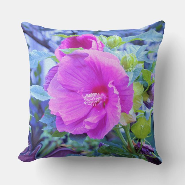 Almofada Flor de Hibisco Rosa Elegante com Folhagem de Aqua (Frente)