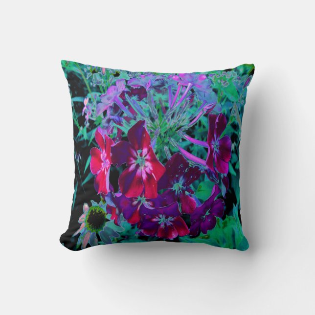 Almofada Flor de Jardim Vermelho, Púrpura e Rosa Dramática (Frente)