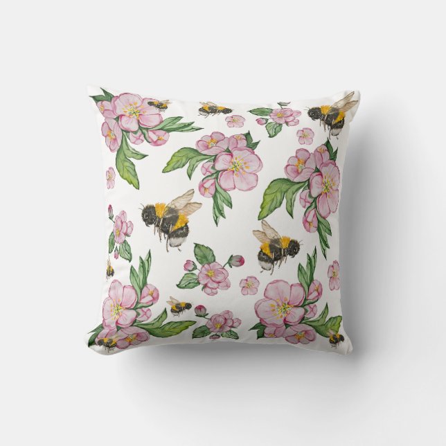 Almofada Flor de maçã e padrão aquarela de abelhas (Frente)