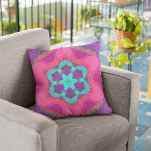 Almofada Flor de Mandala, cor-de-rosa, azul e púrpura