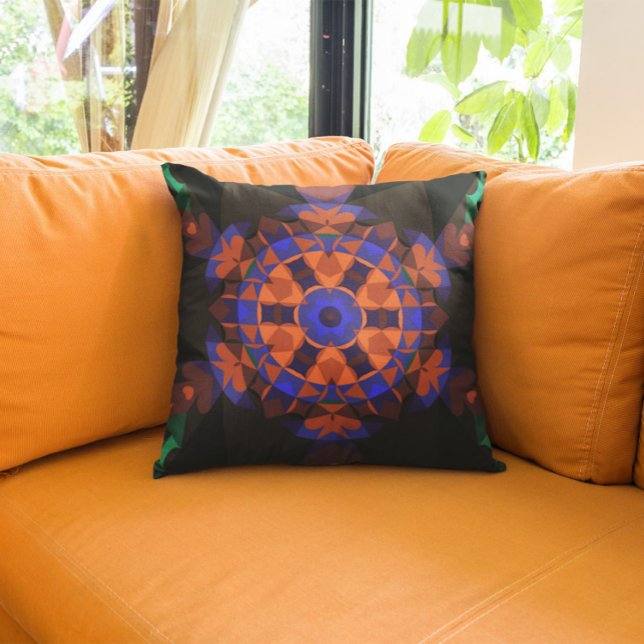 Almofada Flor de Mandala Retroativa Laranja e Azul (Criador carregado)