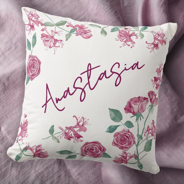 Almofada Flor de Nascimento de Junho Honeysuckle Rose Perso (June birthday personalized custom name birth month flower watercolor honeysuckle rose throw pillow)