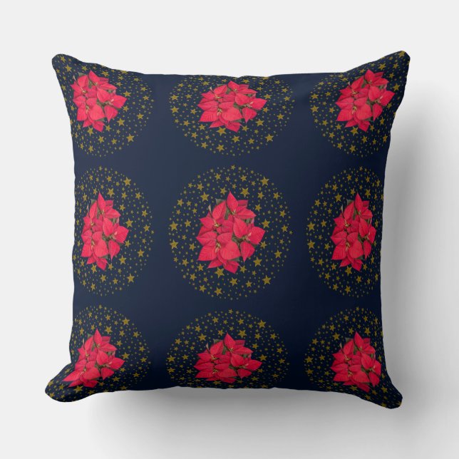 Almofada Flor de Natal Vermelho e estrelas de ouro brilhant (Frente)