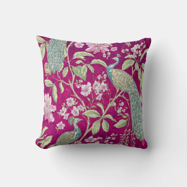 Almofada Flor de pavão de Fuchsia Chinoiserie (Frente)
