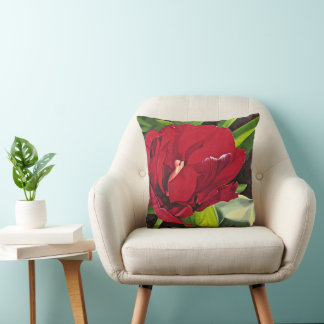 Almofada Flor de Peony Vermelha com folhas verdes, quadrada