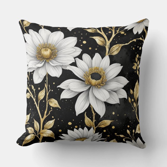 Almofada Flor Dourado, preto e branco (Frente)