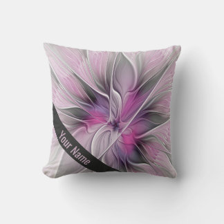 Almofada Flor Fractal Abstrata Flor Rosa Cinza Nome Próprio