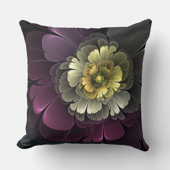 Almofada Flor Fractal Abstrata Moderna Purpura Cinza Khaki (Frente)