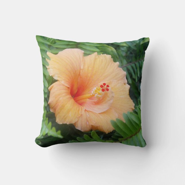 Almofada Flor Laranja Hibiscus com Ferns (Frente)