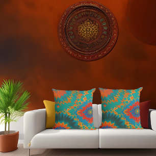 Almofada flor marrom dourado laranja azul turquesa estilo m