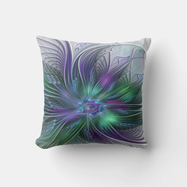Almofada Flor Moderna Abstrata Fractal Roxa Verde (Frente)