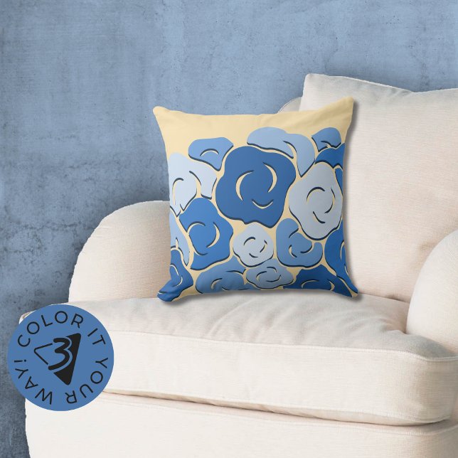 Almofada Flor moderno estilizado, azul e amarelo (Modern Stylized Flower Bed Blue & Yellow Throw Pillow, Color Customize)