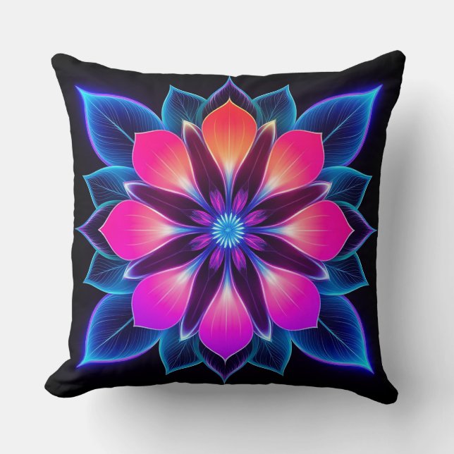 Almofada 🌸 Flor Neon Luz Azul Abstrata Quarto (Frente)