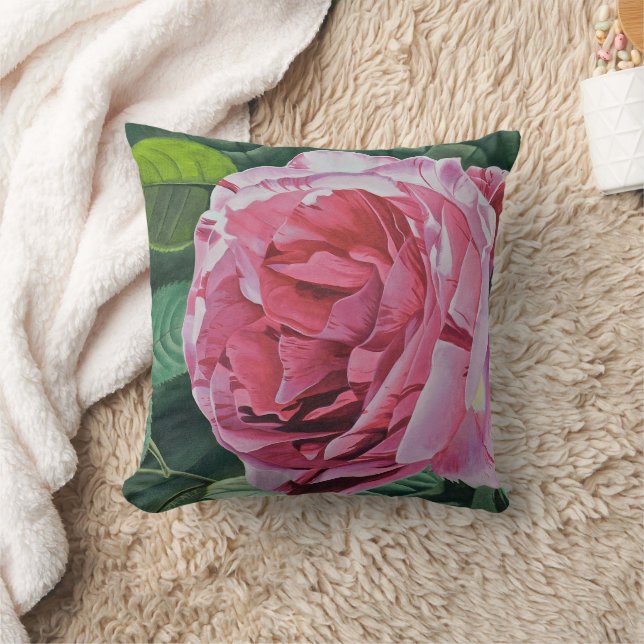 Almofada Flor rosa de Peony com folhas verdes, costas sólid (Cobertor)