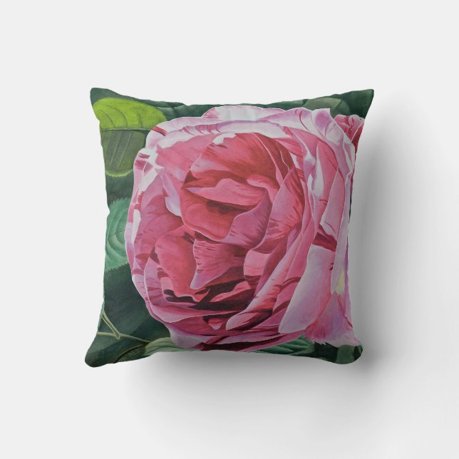 Almofada Flor rosa de Peony com folhas verdes, quadrada (Verso)