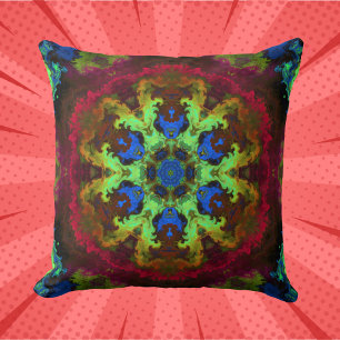 Almofada Flor Verde Azul e Vermelho, Flor Mandala Psicodéli