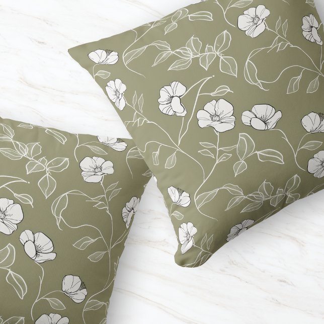 Almofada Flor Verde-oliva Mínimo, Flor Branco (Minimal Olive Green Floral Line Art White Flower Throw Pillow)