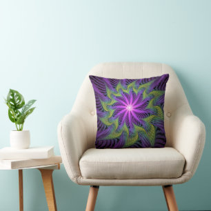 Almofada Flor Verde Roxo, Abstrato, Arte Fractal