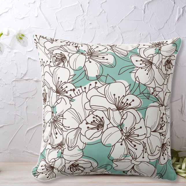 Almofada Flora Branca Bunch Aqua Teal Brown (Criador carregado)