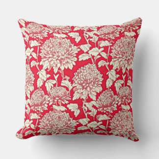 Almofada Flora de Crisântemo Japonês Vermelho e Branco Vint