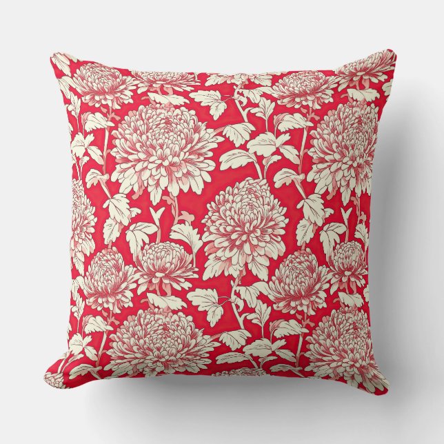 Almofada Flora de Crisântemo Japonês Vermelho e Branco Vint (Frente)